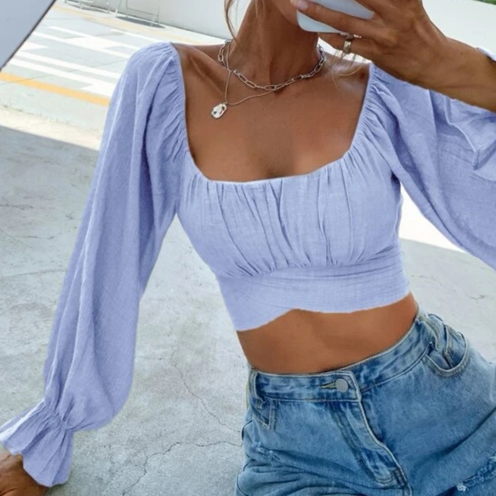 Long sleeve tie light blue linens crop top